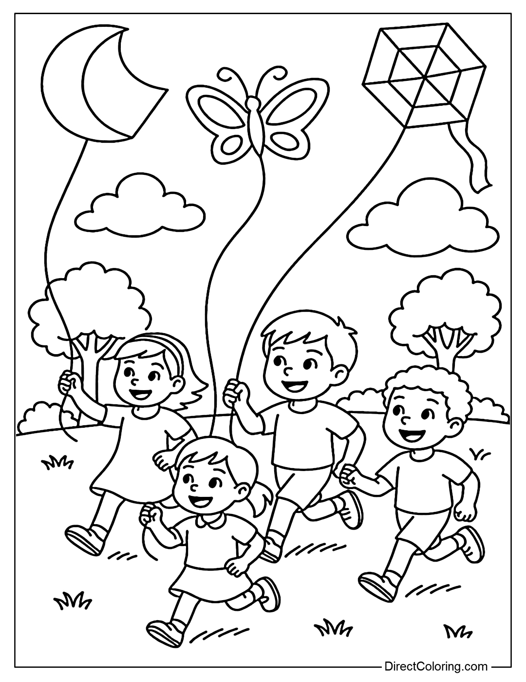 Coloring page of a group of friends running in the park with different types of kites.